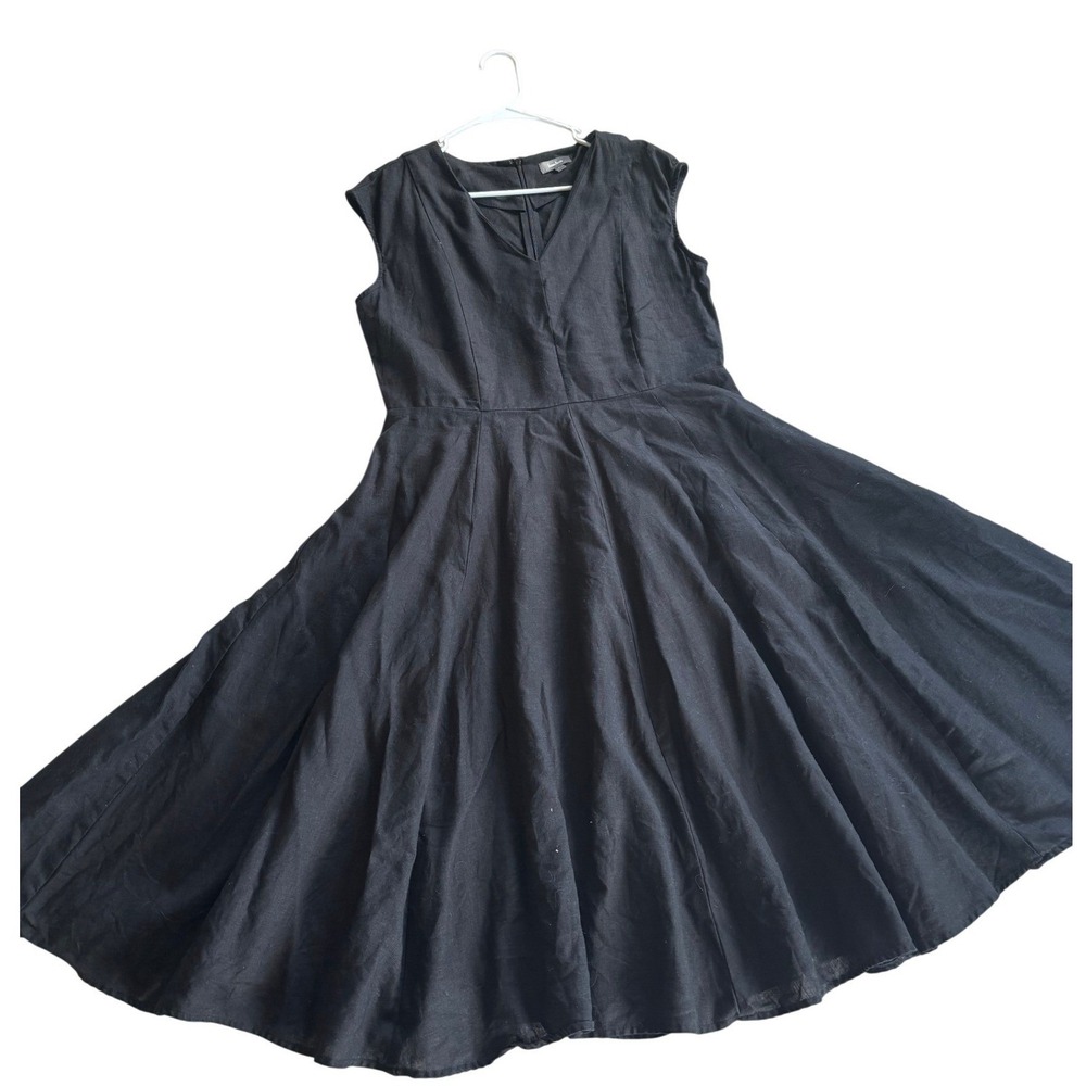 Neiman Marcus Womens Black 100% Linen Sleeveless V-Neck Fit & Flare Midi Dress L